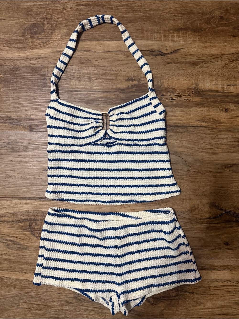 Striped Knit Halter Set in Blue & White